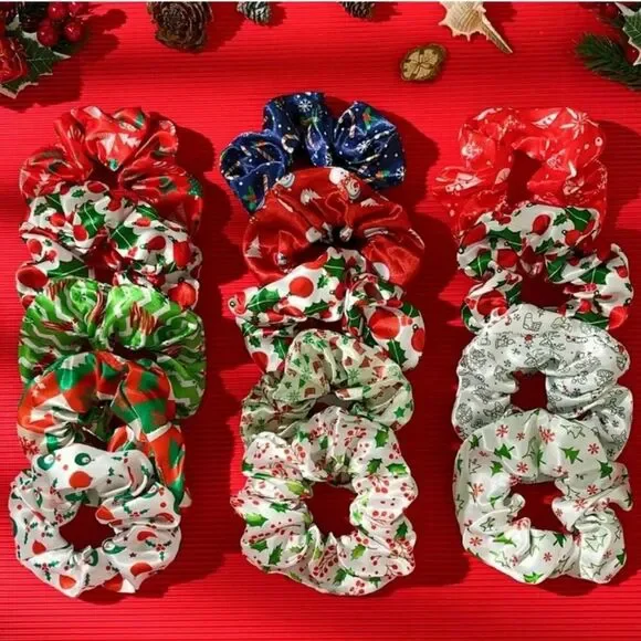 Christmas Hair Scrunchies Random 7 Festive Prints Colorful Patterns OS New