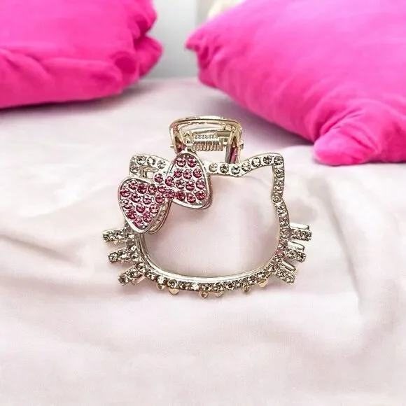 Hello Kitty Pink And Clear Rhinestone Silver Tone Hair Clip NWT