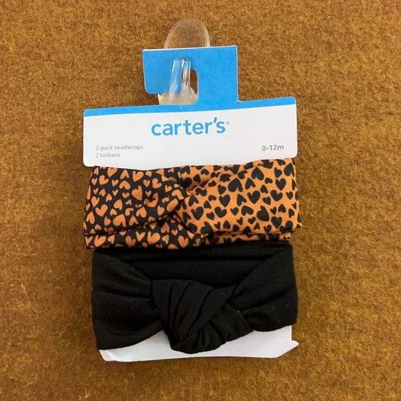 Carter's Baby 0-12M Orange Black Heart Print Turban 2-Pack Headwraps NWT