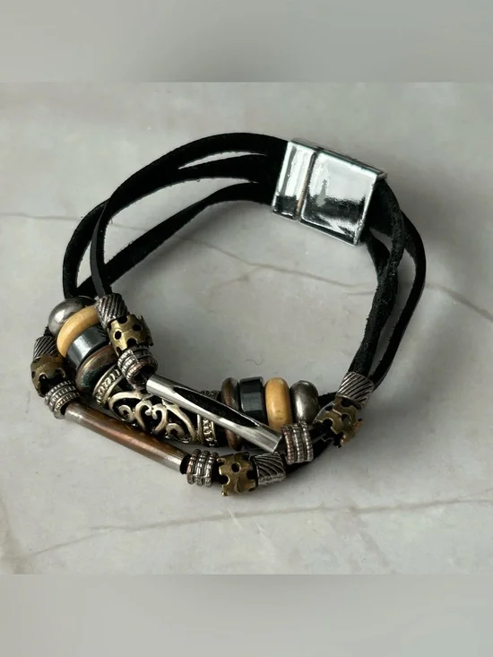 Multi-Strand Black Suede Bracelet with Mixed Metal Beads