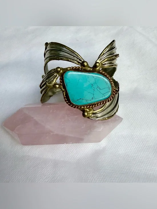 Vintage Statement Southwestern Mixed Metal Turquoise Cuff Bracelet