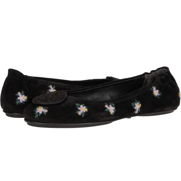Tory Burch Black Ditsy Embroidered Suede Logo Minnie Travel Ballet Flat Size 7