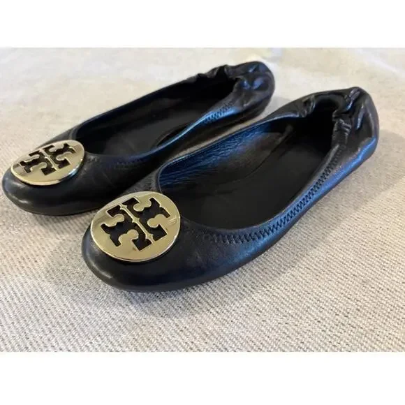 Tory Burch Reva Ballet Flats Shoes Womens Size‎ 5.5 M Black Leather Gold Logo