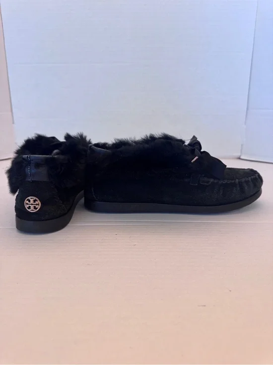 Tory Burch Aberdeen Moccasins Black Suede Fur Ribbon Tie Shoes Womens 8 M