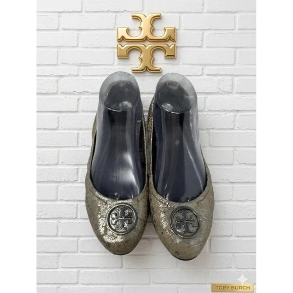 Tory Burch Reva Ballet Flats💛Metallic Gold Snakeskin Leather Logo Medallion 8.5