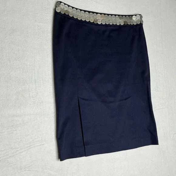 Tory‎ Burch Navy Blue Pencil Skirt Sequined Embellished Waist Slit Size 6