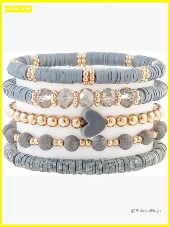 Polymer Clay Heishi Beaded Stretch Bracelet Stackable Boho Summer Jewelry Set