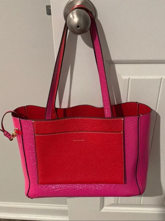 Tory Burch Pink and Red Colorblock Leather Tote