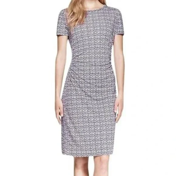 Tory Burch Silk Myrtle Ruched Sheath Dress Black Purple Beige Print Size‎ Small