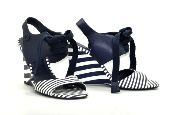B0 Auth TORY BURCH Navy & White Striped Leather Maritime Wedge Sandals Size 6.5M