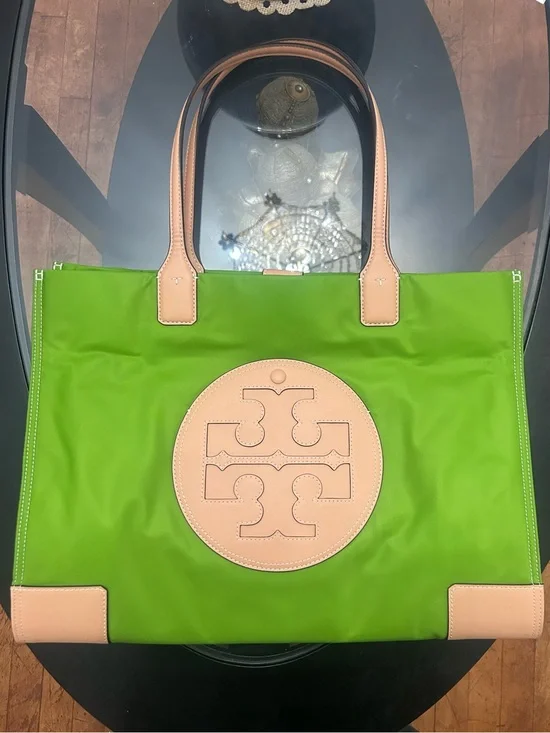 Tory Burch Lime Green Nylon Tote with Tan Leather Trim