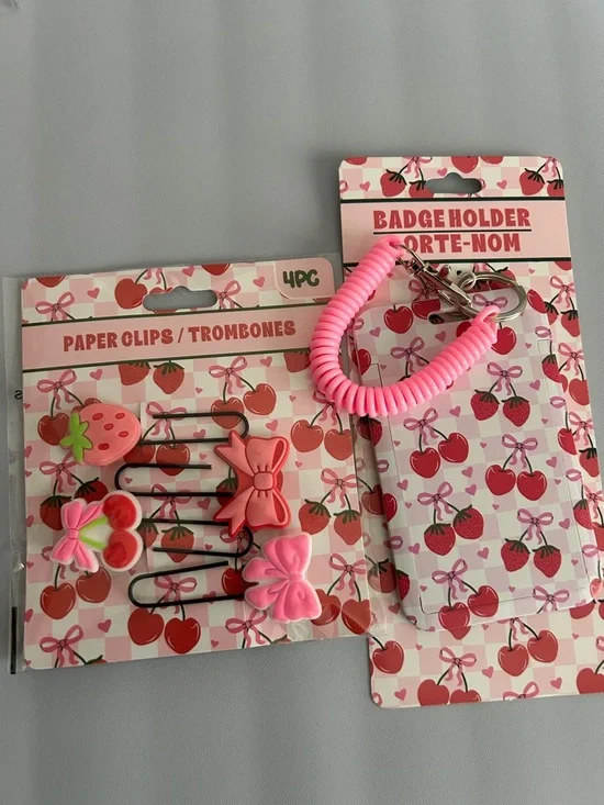Just a girl pink Strawberry & Bow Kids Paper Clips and Badge Holder Set NWT