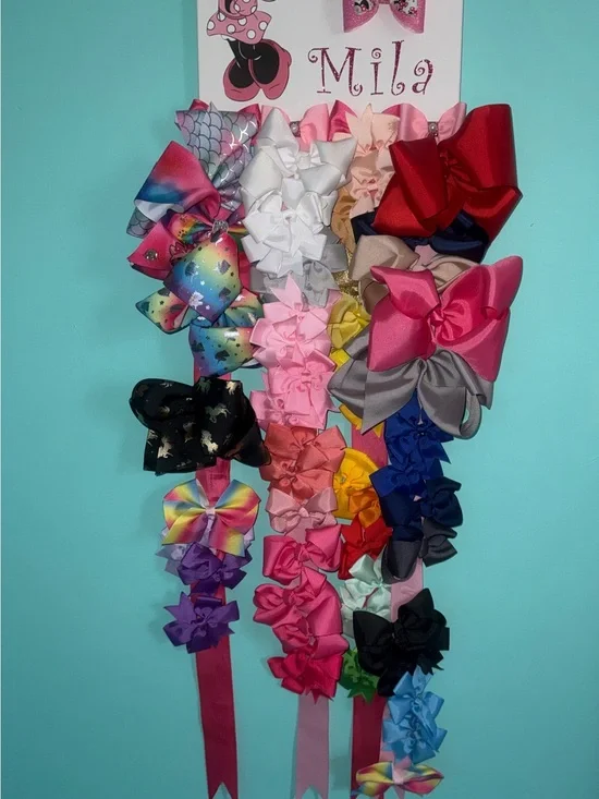 Large Hair Bow Collection with Personalized “Mila” Minnie Mouse Bow Holder