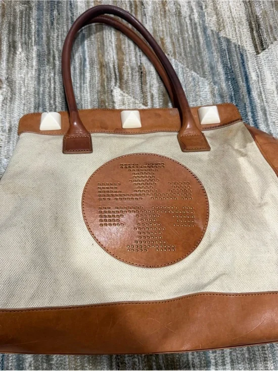 Tory Burch Cream Canvas and Tan Leather Tote