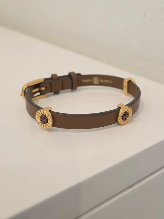 Brand New Tory Burch Britten Brown Enamel Single Wrap Leather Bracelet