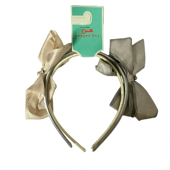 Copper key Girls headband 2 PC set bows silver ivory NEW