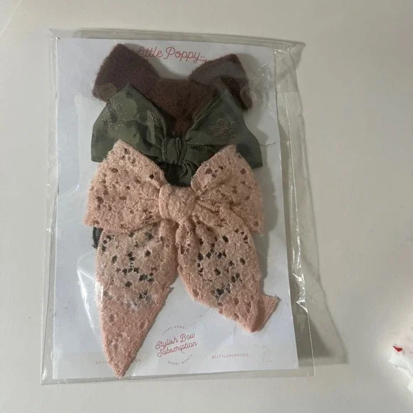 Little Poppy Co Isla Bow Clip Set NIP Pink Olve Brown