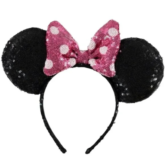 Disney‎ Girls Mini Mouse Ears Sequined Head Band W/ Pink Sequined Bow