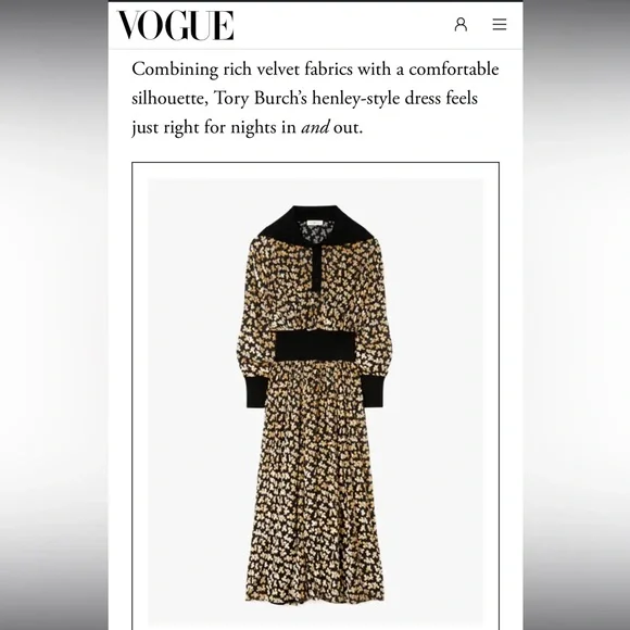 VOGUE MAGAZINE Tory Burch velvet devore midi dress black 12 gold leaves