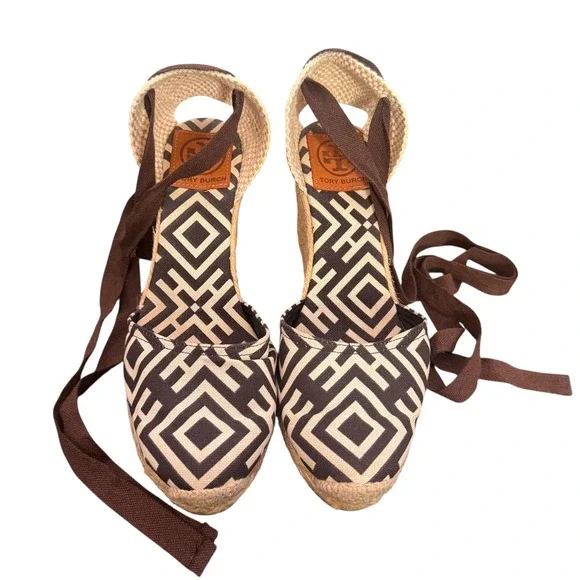 Tory Burch Wedge Espadrille‎ Lace Up Ankle Strap 38 Geometric Canvas Resortwear