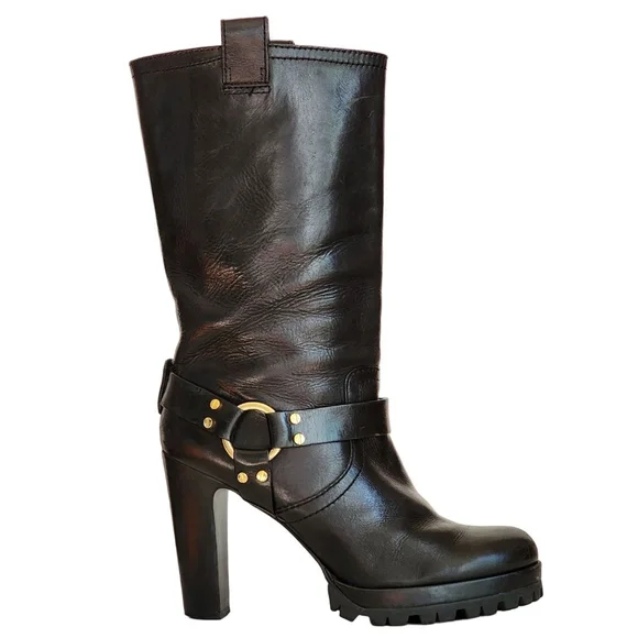 TORY BURCH Rainelle Black Heeled Mid-Calf Motorcycle Boots‎ Gold Harness 10.5