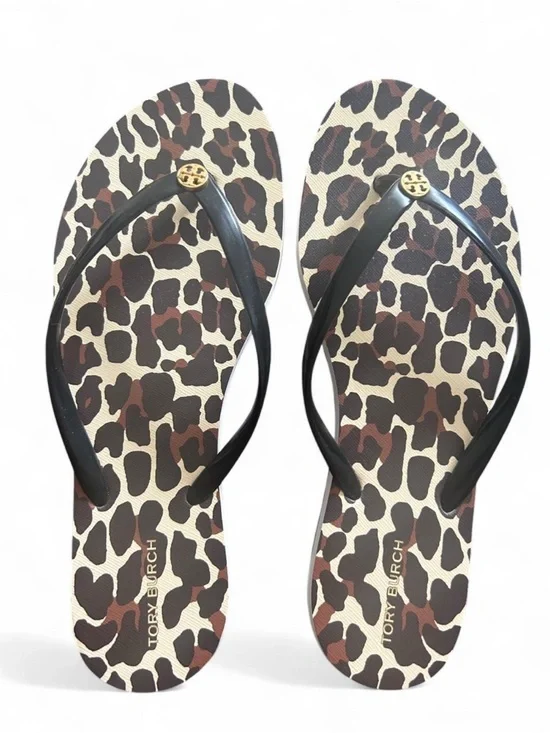 Tory Burch Leopard-Print Flip Flops with Black Straps