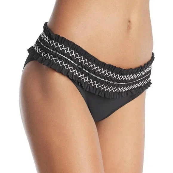 Tory‎ Burch Womens Black Ruffle Bikini Bottom Swim Ruched Beach Large 8