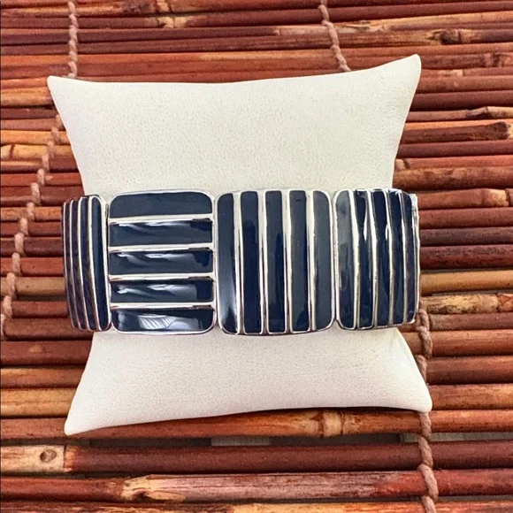 Lia Sophia Navy Blue and Silver Striped Stretchy Bracelet NWT