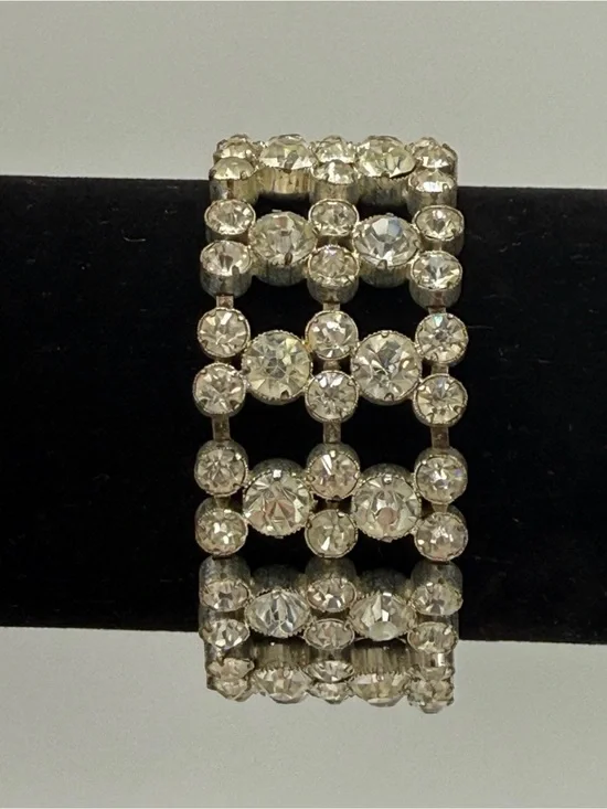 Vintage 1950s Czech Clear Rhinestone Lattice Link Bracelet 4-Row Openwork 6.75”