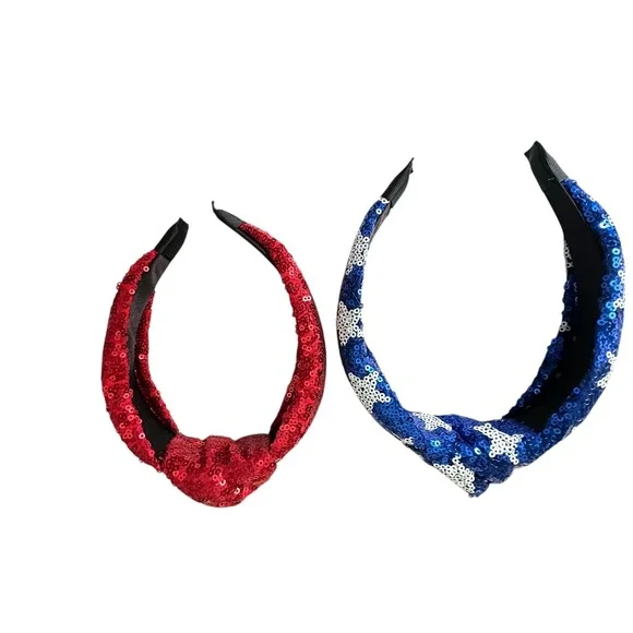 Kids Sequin Knot Headbands Red Blue Star Patriotic‎ Headwear Set