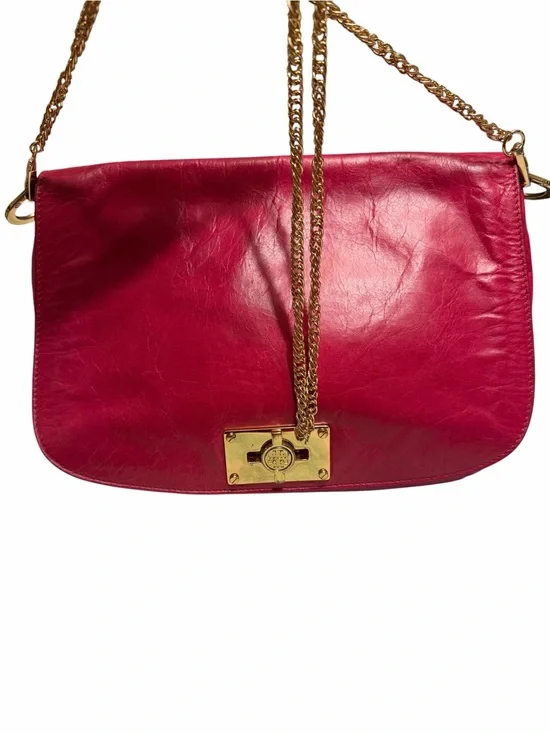 Vintage Tory Burch Fuchsia Distressed Leather Shoulder Bag with Gold Chain