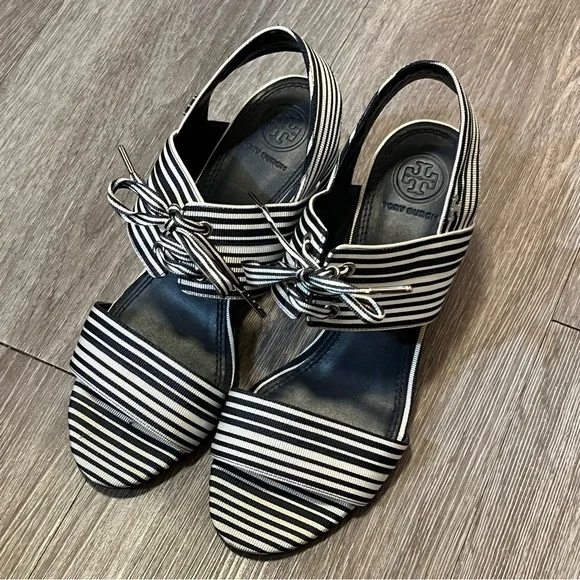 Tory Burch Black (Navy Blue) and White Striped Slingback Sandals with Tie Detail