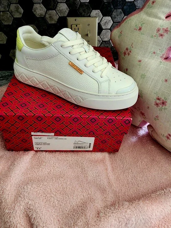 Tory Burch White Leather Platform Sneaker with Yellow Heel Tab