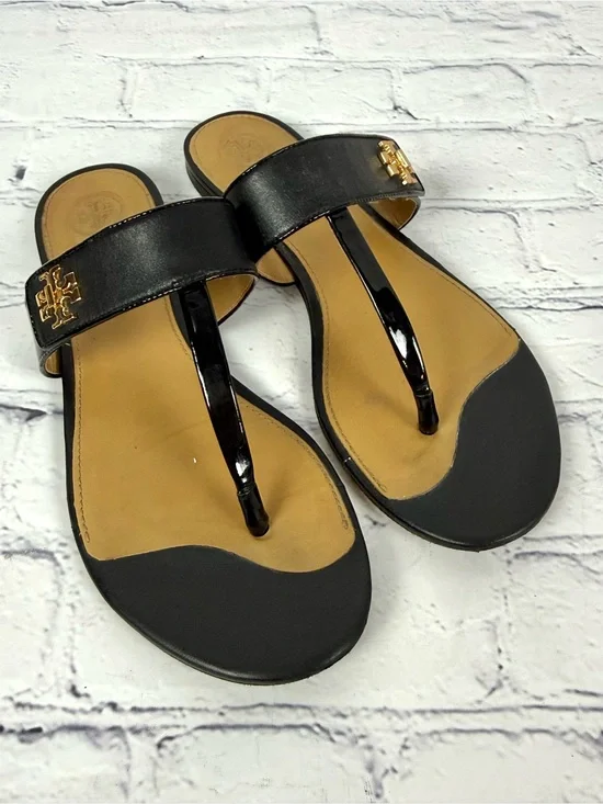 Tory Burch Kira Thong Sandal 8 Black Leather Gold Logo Lock Flat Flip Flop Slide