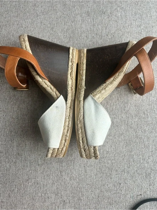 Tory Burch Brown Leather and Tan Strap Espadrille Wedges with White Canvas Heel