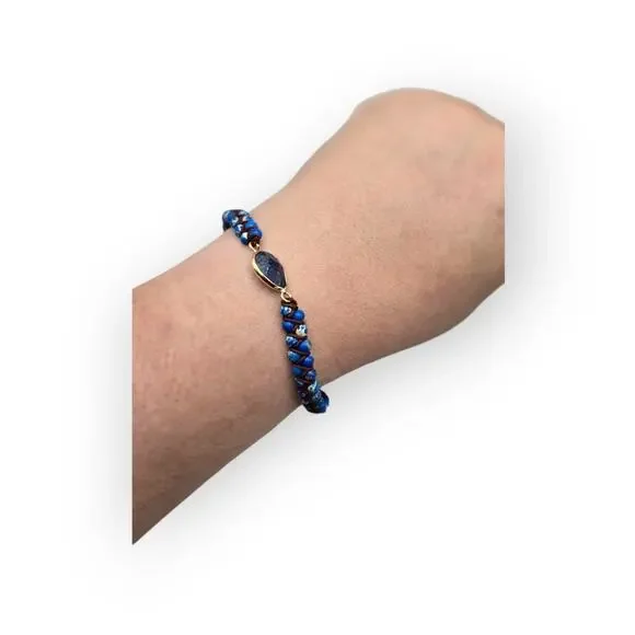 Boho Lapis Blue Beaded Macrame Bracelet – Adjustable Pull Tie Gold Tone Accent