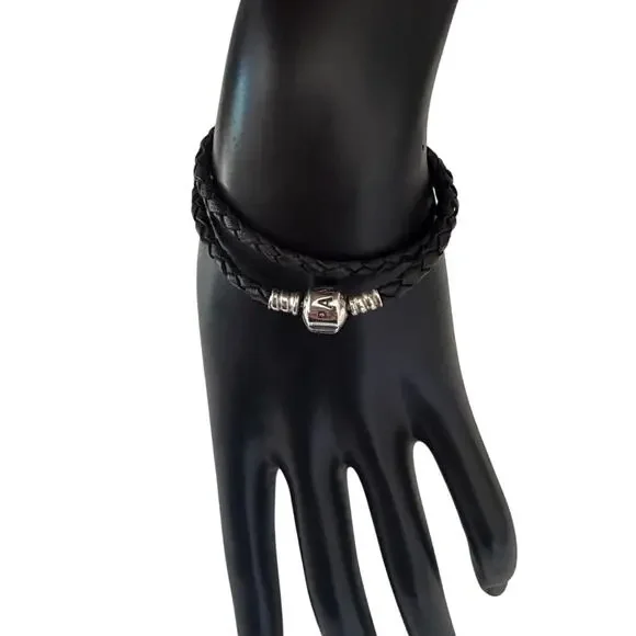 Pandora Moments Double Black  Leather and Silver Bracelet, 7