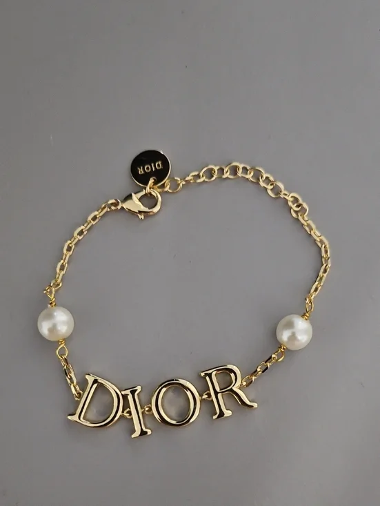 D Letter Gold Tone Logo Bracelet with Pearl Accents