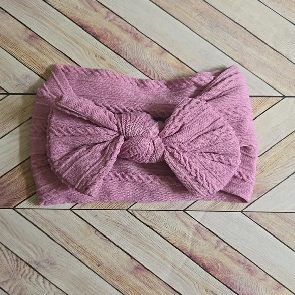 Mauve Cable Knit Baby Headband Oversized Bow Soft Stretchy Nylon Girls Hairband