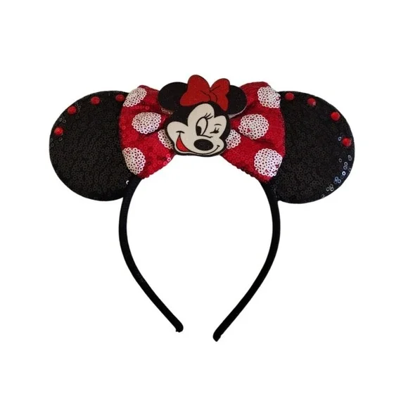 Minnie Mouse Inspired Sequins Headband Kids Red Black Studs Bow Ears‎ Polka Dot