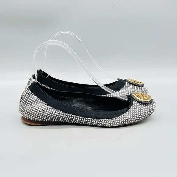 Tory Burch Shoes Womens 6 Silver Leather Check Logo Ballet Flats Slip On Party