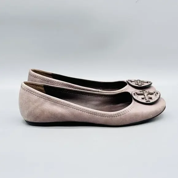 Tory Burch Shoes Womens 6 Gray Leather Slip On Ballet Flats Logo Medallion