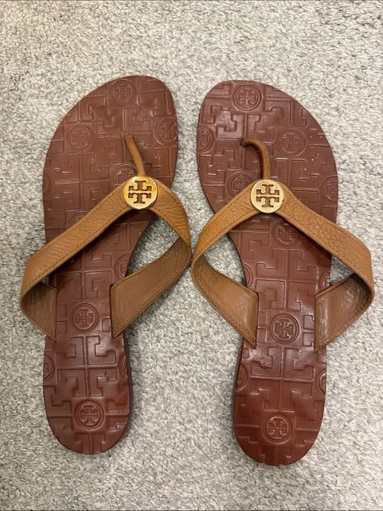 Tory Burch Brown Leather Flip Flop Sandals with Gold Logo