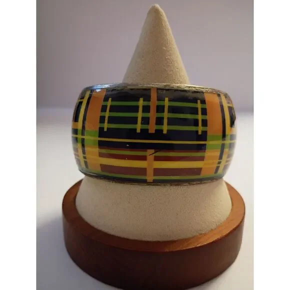 Vintage Abstract Tartan Plaid Bangle Metallic Bracelet Yellow, Green and Black