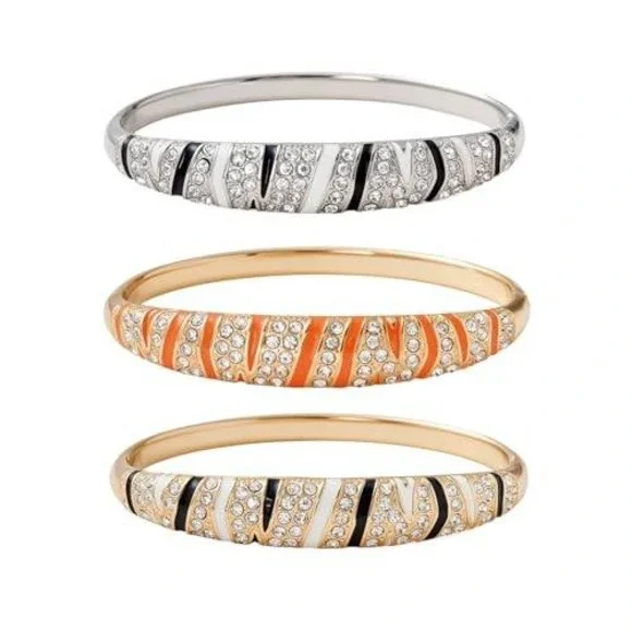 3pc Enamel Rhinestone‎ Zebra Bangle Bracelet Set Silver Gold Tone Animal Print