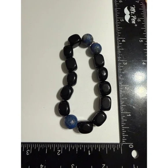 Black Onyx and Blue Sodalite Beaded Stretch Bracelet Natural Stone Jewelry