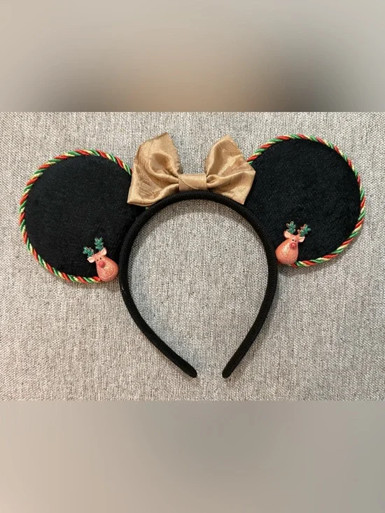 Christmas Black Minnie Ear Headband with Gold Bow and Reindeer Charms Handmade