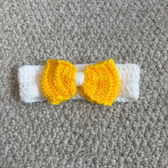 Handmade‎ Crochet Baby Headband White with Yellow Bow OSFM Accessory