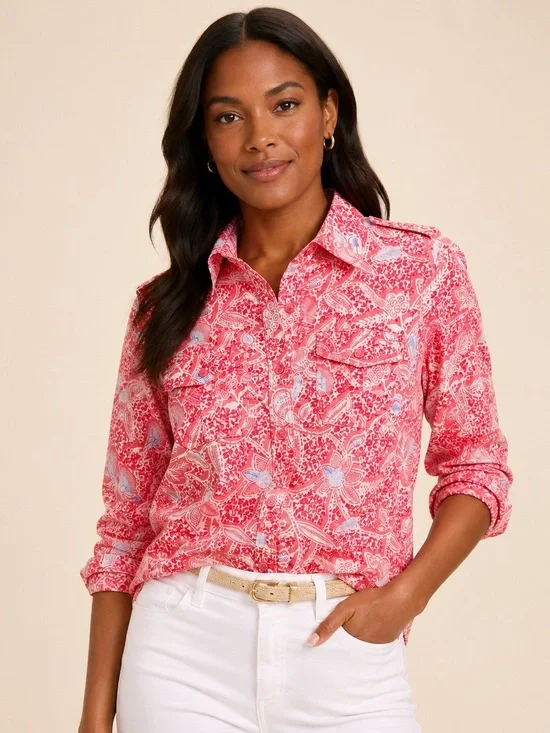 Tory Burch Floral Paisley Utility Button Front Shirt Blouse Pink White Size 4