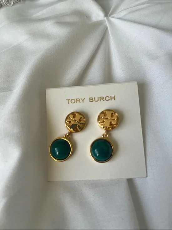 Tory Burch Gold and Emerald Green Disc Drop Earrings